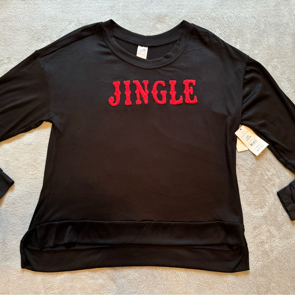 Black sleepshirt with red 'Jingle' raised letters